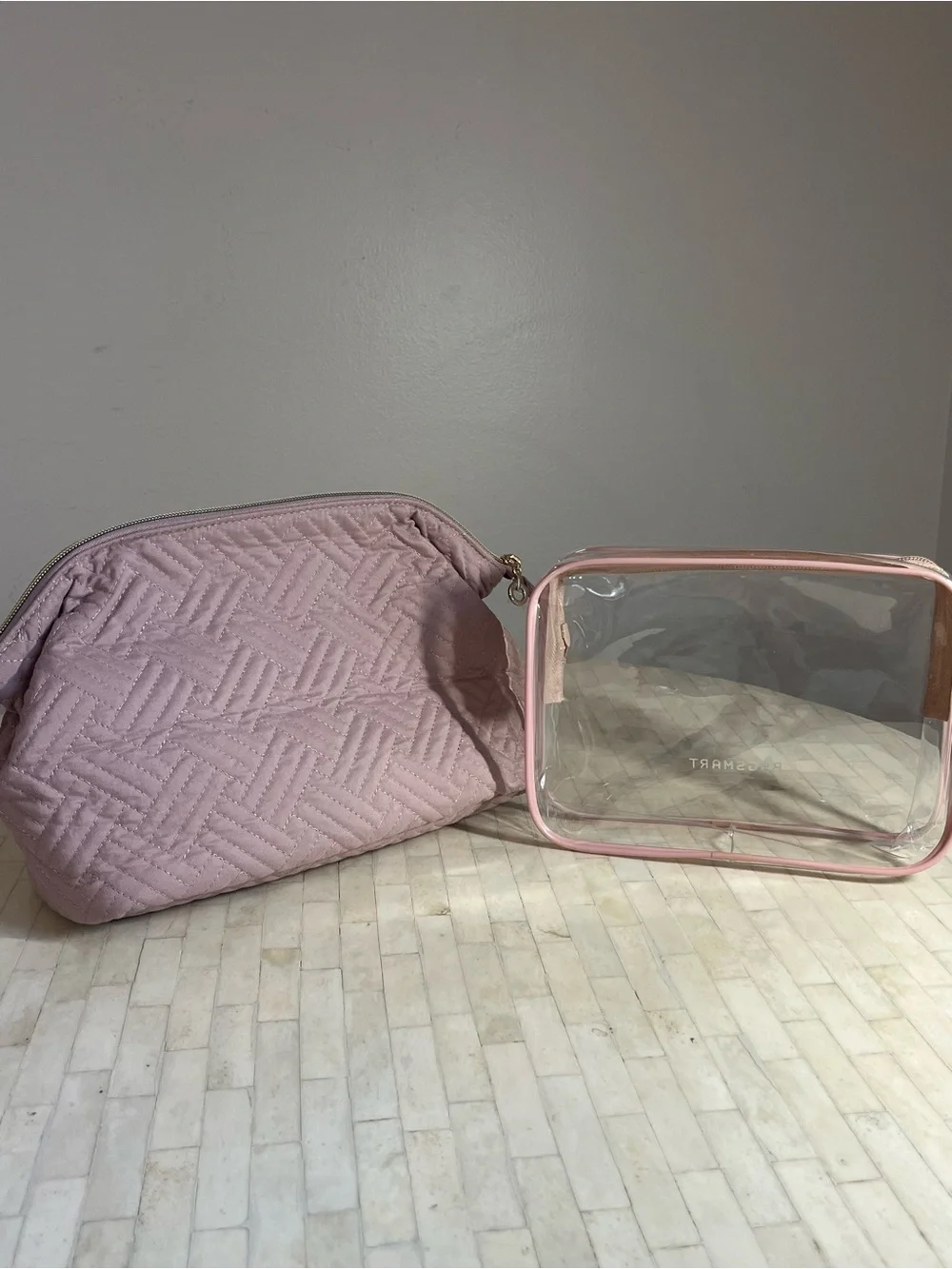Bagsmart Pink Quilted Cosmetic Bag with Clear Pink-Trim Pouch